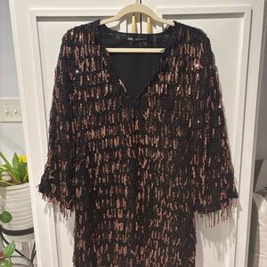 Zara Fringe Sequin Mini Dress Copper